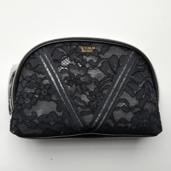 VS Black Luxe Floral Lace Glam Bag Zippered Cosmetics Beauty Makeup Case NEW - Picture 2 of 6